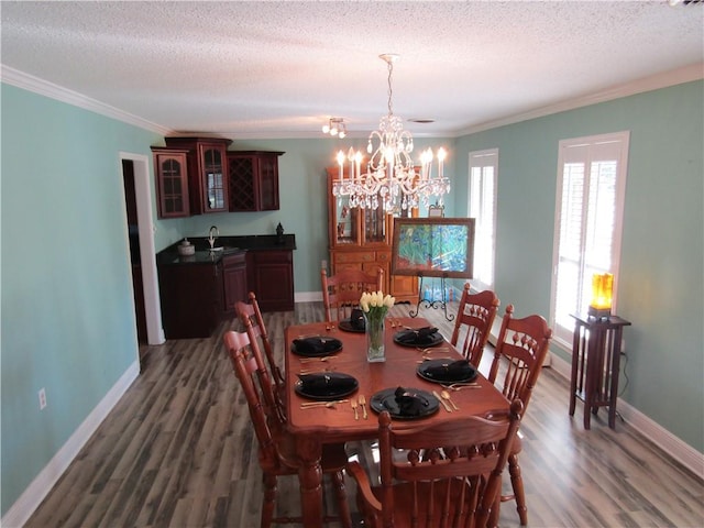 dining area with crown molding, a textured ceiling, and dark hardwood / wood-style flooring