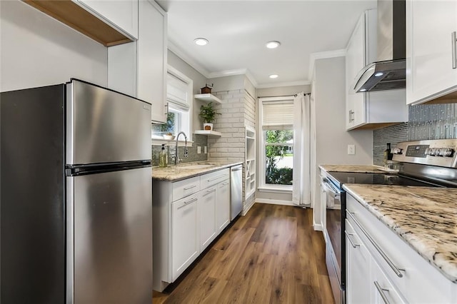 kitchen with white cabinetry, stainless steel appliances, dark wood-type flooring, and sink