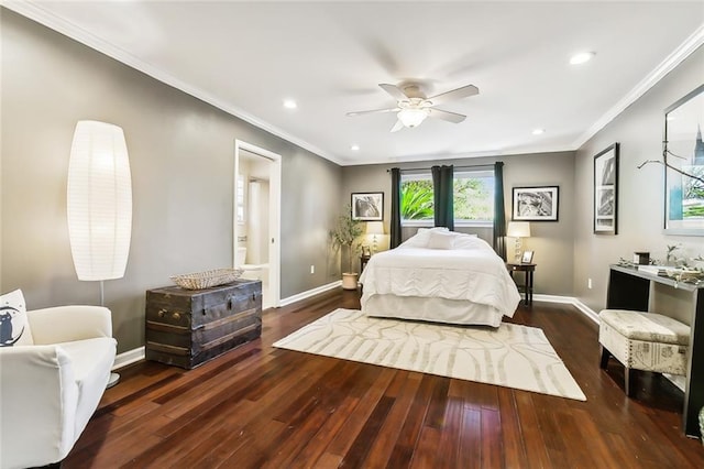 bedroom featuring dark wood-type flooring, crown molding, and ceiling fan