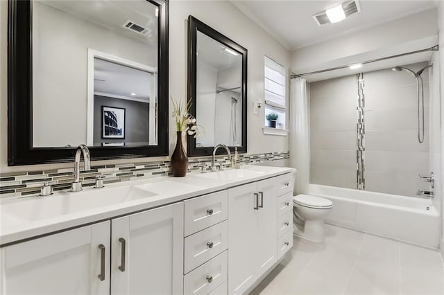 full bathroom with toilet, tile patterned floors, shower / bath combo with shower curtain, vanity, and decorative backsplash