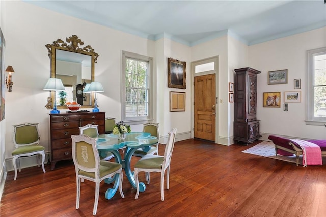 dining area featuring plenty of natural light and dark hardwood / wood-style floors