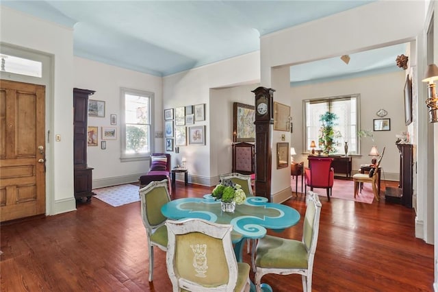 dining space with dark hardwood / wood-style flooring and plenty of natural light