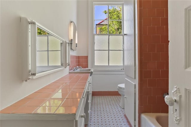 full bathroom featuring toilet, vanity, plenty of natural light, and separate shower and tub