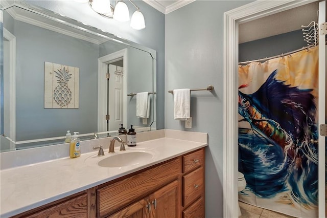 bathroom featuring tile patterned floors, vanity, toilet, and ornamental molding