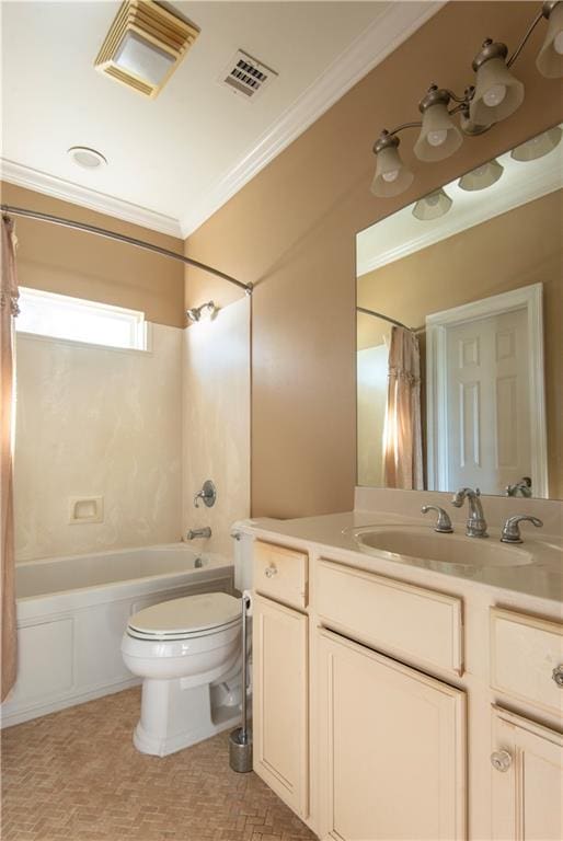 full bathroom featuring vanity, toilet, ornamental molding, and shower / bath combo with shower curtain