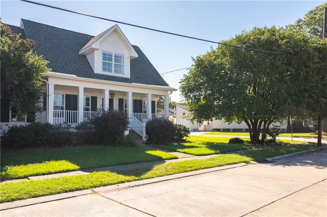 view of front of property featuring covered porch and a front yard