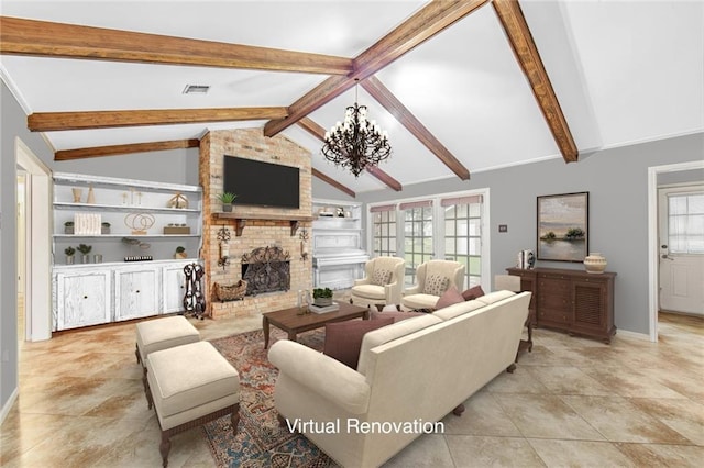 living room with a chandelier, vaulted ceiling with beams, a fireplace, and built in features