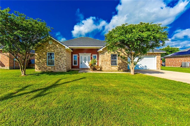 ranch-style house featuring central air condition unit, a front yard, and a garage