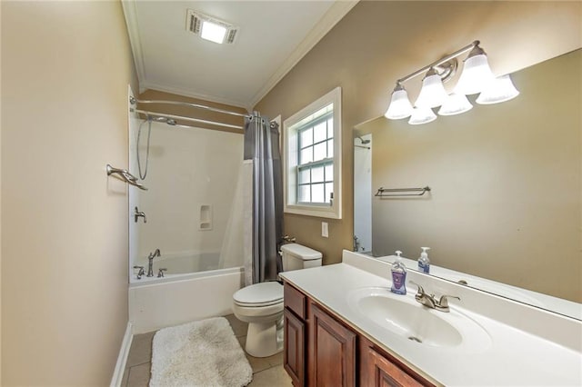 full bathroom with ornamental molding, toilet, vanity, shower / bathtub combination with curtain, and tile patterned flooring