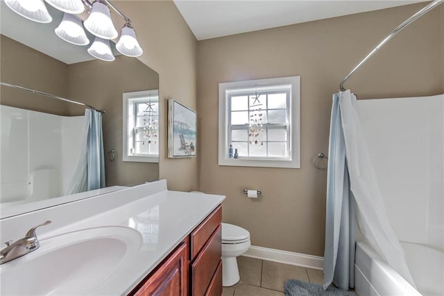 full bathroom featuring shower / bathtub combination with curtain, toilet, vanity, a notable chandelier, and tile patterned flooring