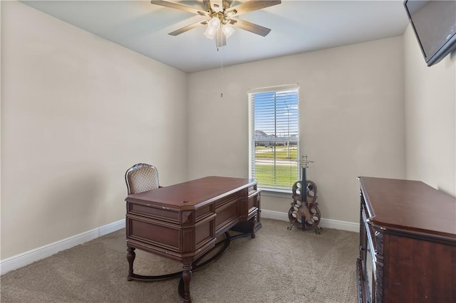 home office with light colored carpet and ceiling fan