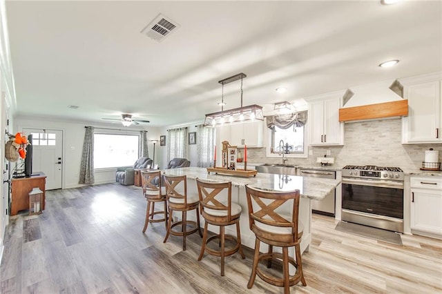 1353 Doctor Beatrous Rd, Theriot, LA 70397 - kitchen with premium range hood, white cabinetry, and stainless steel appliances