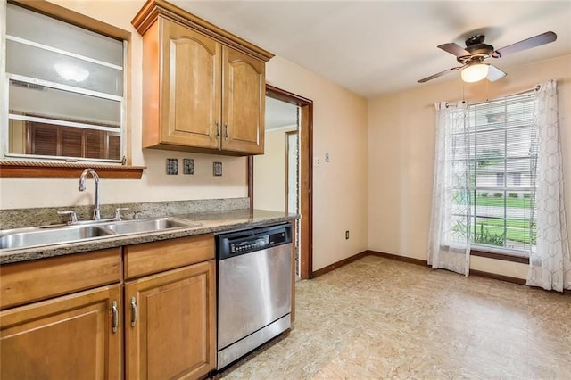 kitchen with ceiling fan, sink, and stainless steel dishwasher