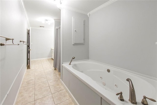 bathroom featuring ornamental molding, plus walk in shower, and tile patterned floors