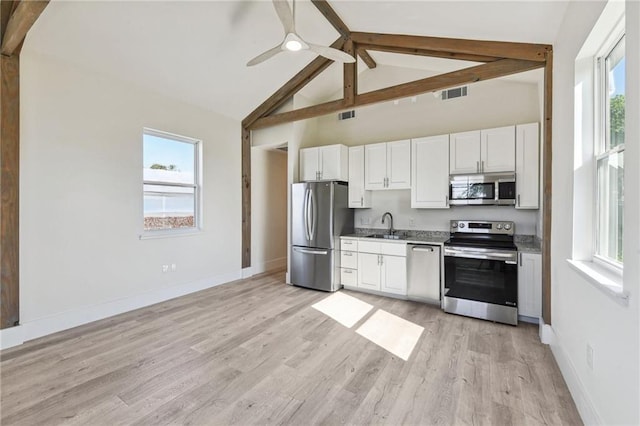 kitchen featuring appliances with stainless steel finishes, white cabinetry, beam ceiling, and plenty of natural light