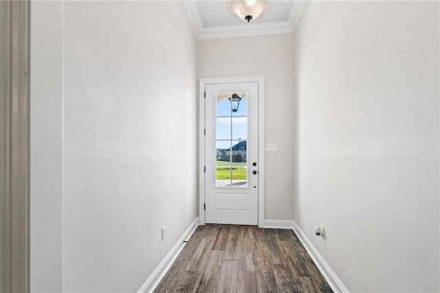 doorway featuring wood-type flooring and ornamental molding