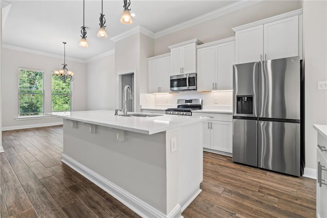 kitchen featuring a center island with sink, dark wood-type flooring, white cabinetry, and stainless steel appliances