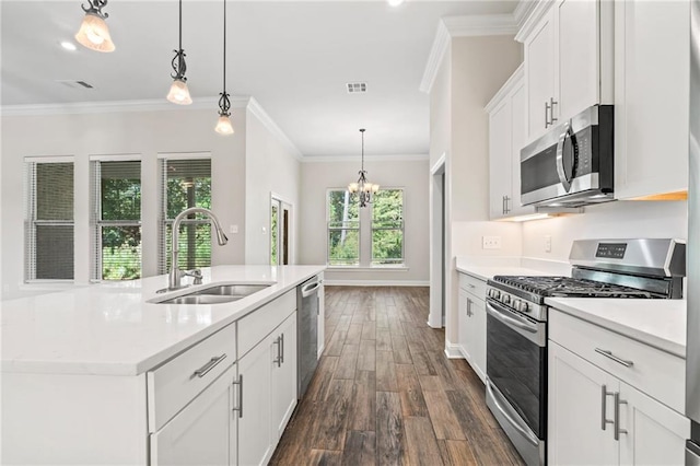 kitchen with dark hardwood / wood-style floors, stainless steel appliances, a center island with sink, sink, and white cabinets