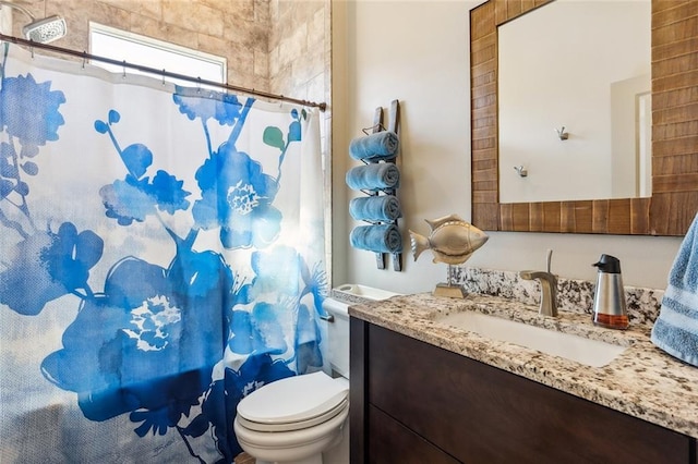 bathroom featuring vanity, a shower with shower curtain, and toilet