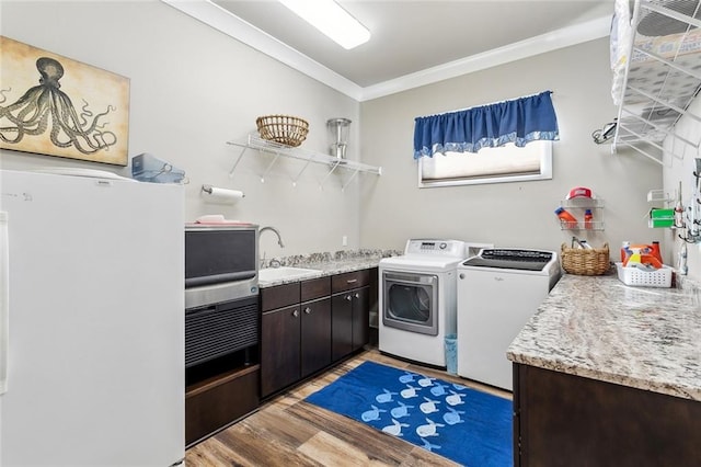 clothes washing area featuring hardwood / wood-style flooring, ornamental molding, sink, separate washer and dryer, and cabinets