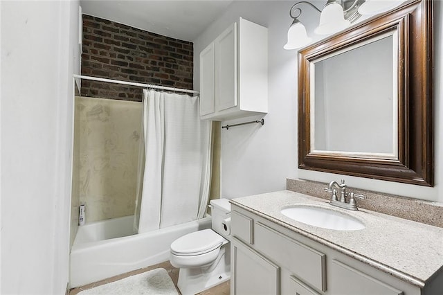 full bathroom with vanity, shower / tub combo, toilet, and brick wall