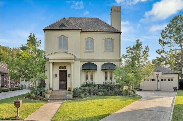 view of front of property with a front lawn and a garage