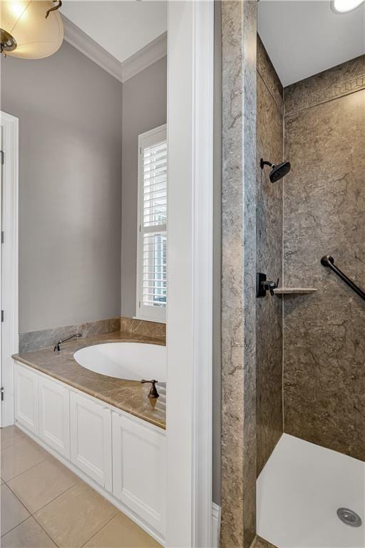 bathroom with crown molding, tile patterned floors, and plus walk in shower