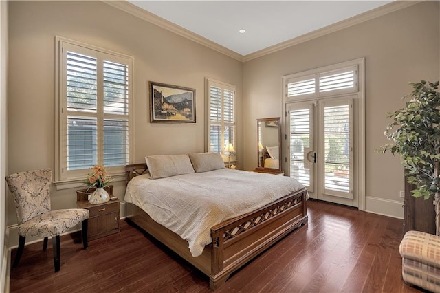 bedroom featuring access to exterior, french doors, dark hardwood / wood-style floors, and crown molding