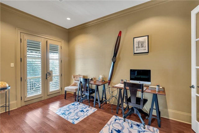 office featuring hardwood / wood-style floors and crown molding