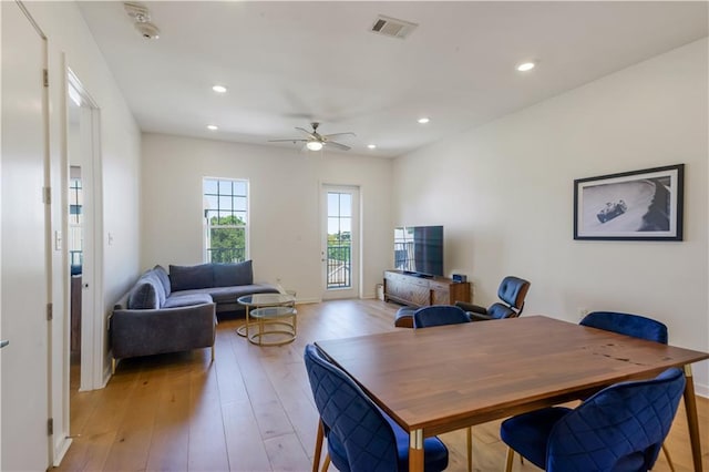 office area featuring visible vents, a ceiling fan, recessed lighting, light wood finished floors, and baseboards