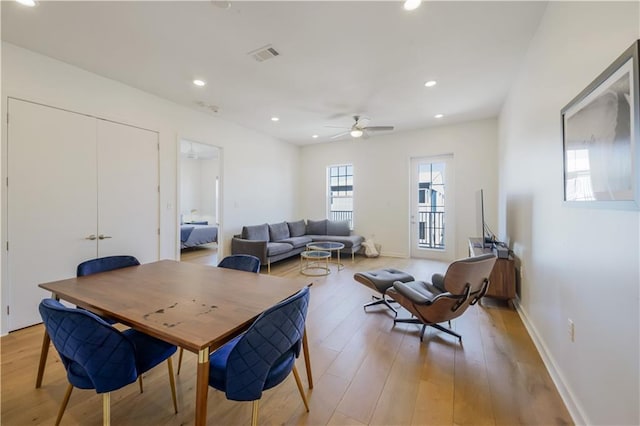 dining space with baseboards, visible vents, recessed lighting, ceiling fan, and light wood-style floors