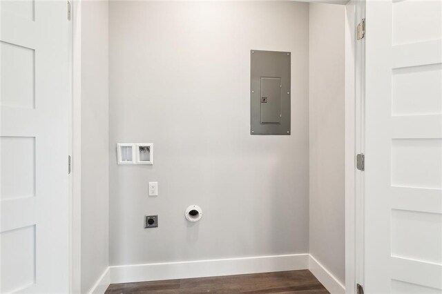 5019 Colorado St, Bay Saint Louis, MS 39520 - clothes washing area with dark wood-style floors, baseboards, hookup for an electric dryer, electric panel, and washer hookup