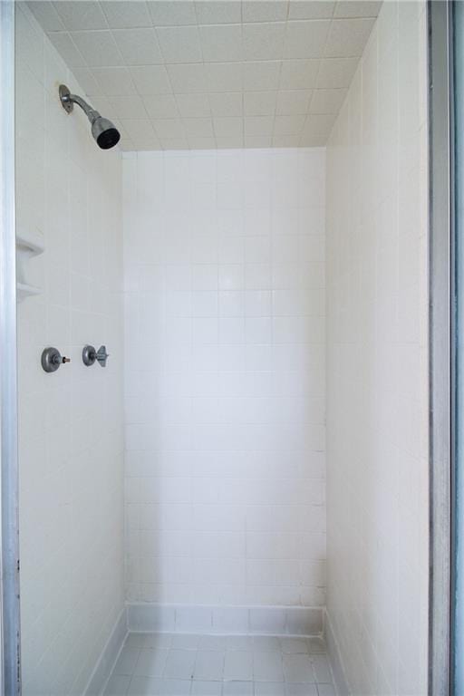 bathroom with tile patterned flooring and tiled shower