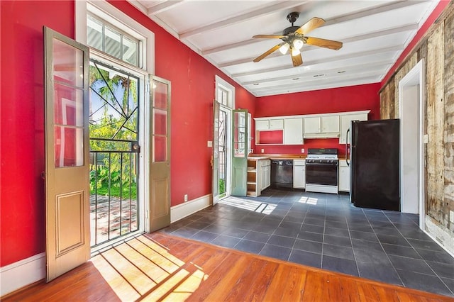 kitchen with white cabinets, ceiling fan, dark hardwood / wood-style flooring, beamed ceiling, and black appliances