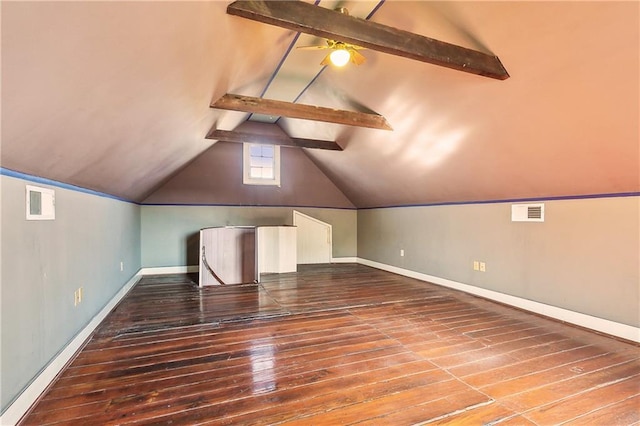 bonus room with vaulted ceiling with beams, hardwood / wood-style flooring, and ceiling fan