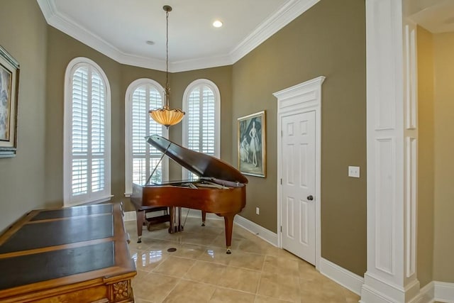 miscellaneous room with a wealth of natural light, crown molding, and light tile patterned floors