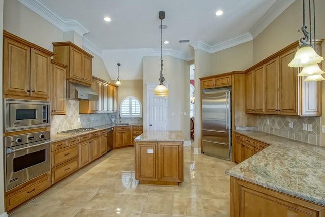 kitchen with a kitchen island, ornamental molding, decorative light fixtures, appliances with stainless steel finishes, and light stone counters