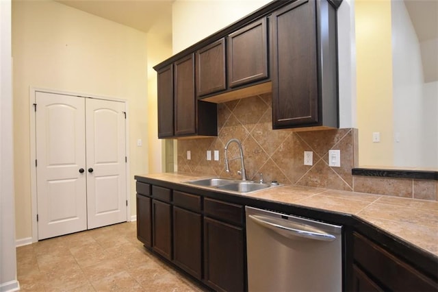 kitchen featuring stainless steel dishwasher, sink, dark brown cabinetry, and backsplash