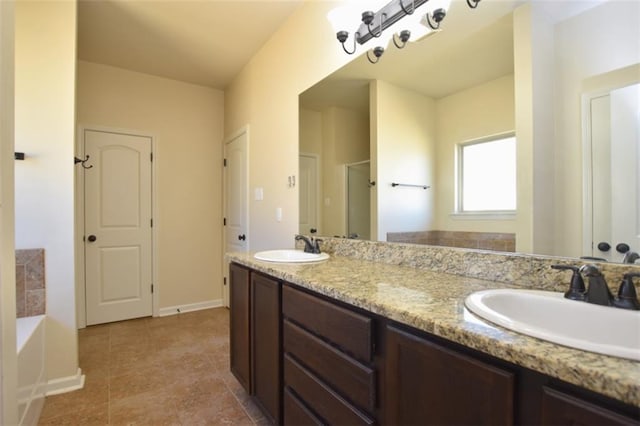 bathroom with vanity and plus walk in shower