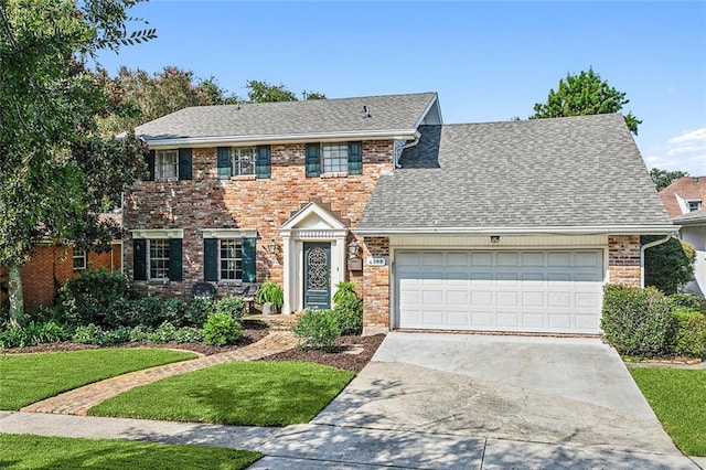 colonial inspired home with brick siding, an attached garage, a front yard, and concrete driveway