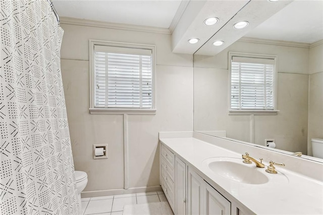full bath with crown molding, vanity, recessed lighting, and toilet