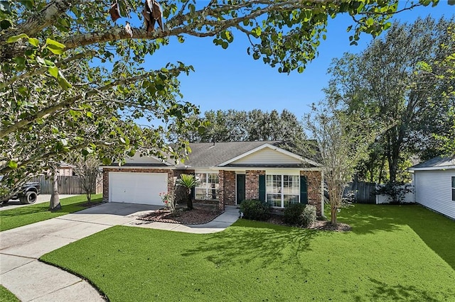 ranch-style home featuring a front lawn and a garage