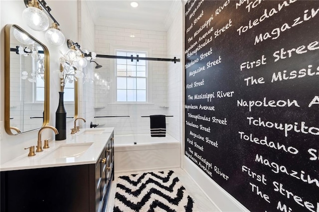 bathroom featuring vanity, crown molding, and plus walk in shower