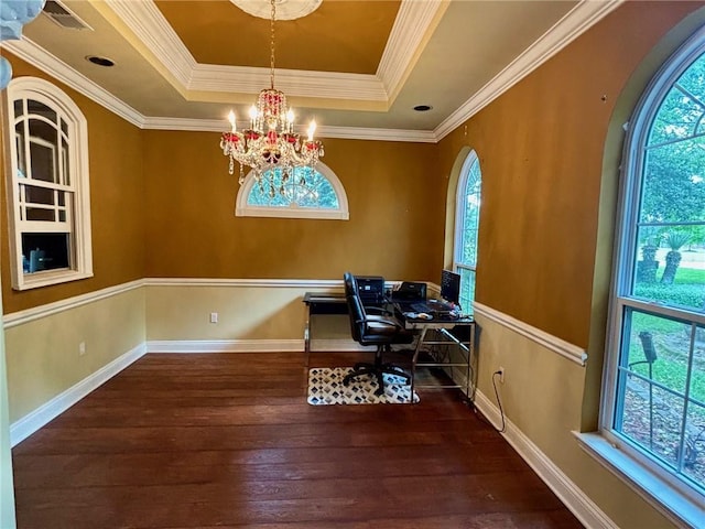 246 Cypress St, Independence, LA 70443 - unfurnished office featuring visible vents, crown molding, a raised ceiling, a notable chandelier, and hardwood / wood-style floors