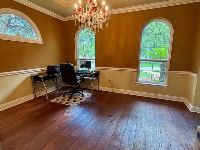 246 Cypress St, Independence, LA 70443 - office space with crown molding, baseboards, a notable chandelier, and hardwood / wood-style flooring