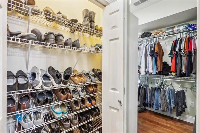 walk in closet with hardwood / wood-style flooring