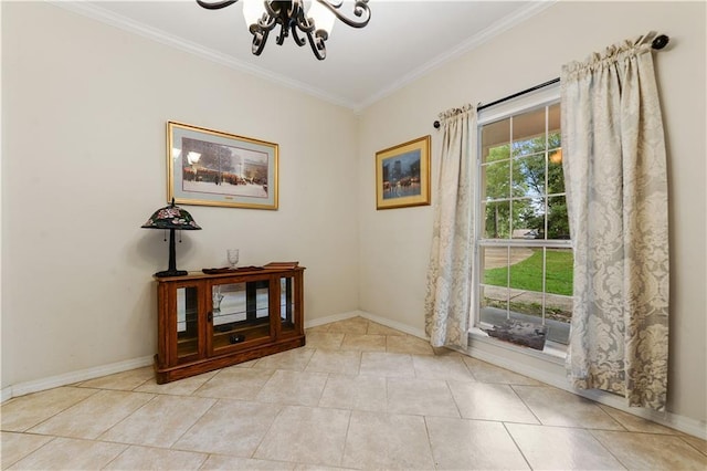 entryway with light tile patterned floors, an inviting chandelier, and crown molding