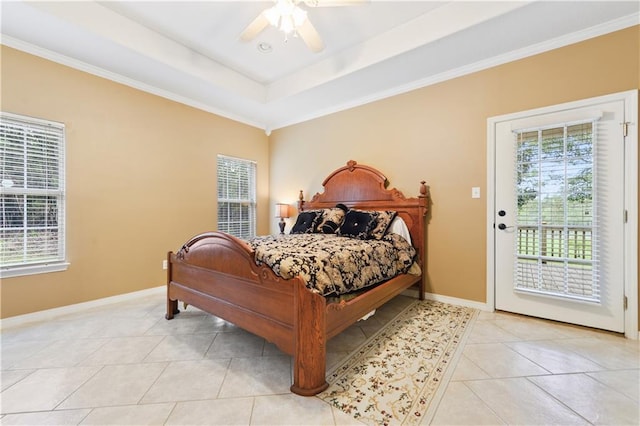 tiled bedroom featuring a raised ceiling, ceiling fan, access to exterior, and crown molding