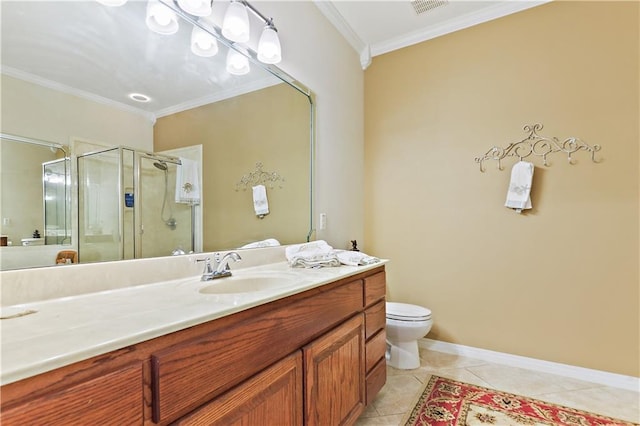 bathroom featuring vanity, tile patterned flooring, toilet, ornamental molding, and an enclosed shower