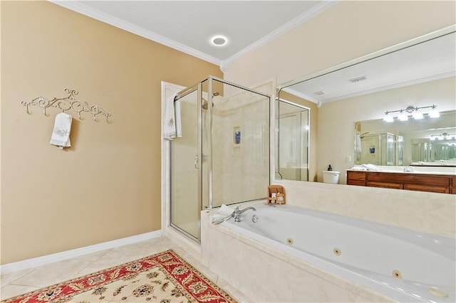 bathroom with tile patterned flooring, vanity, separate shower and tub, and ornamental molding